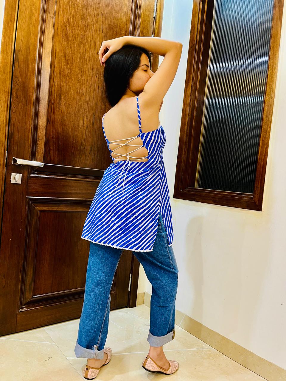Blue Leheriya Backless Kurti
