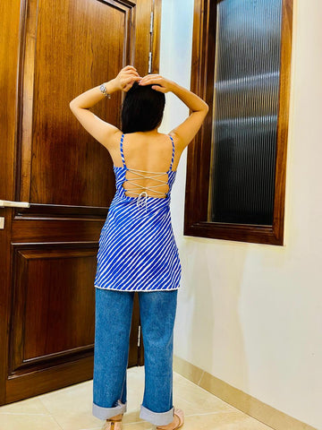 Blue Leheriya Backless Kurti